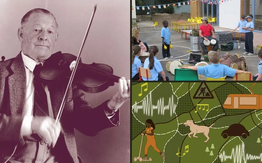 Collage: fiddle player, drum workshop and the Sound Walk illustrated map